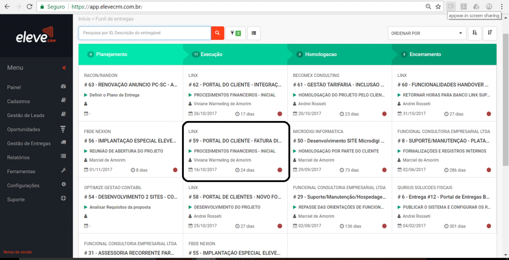 eleve crm - Gestão de Entregas - Visão dos Milestones do Processo de Entrega